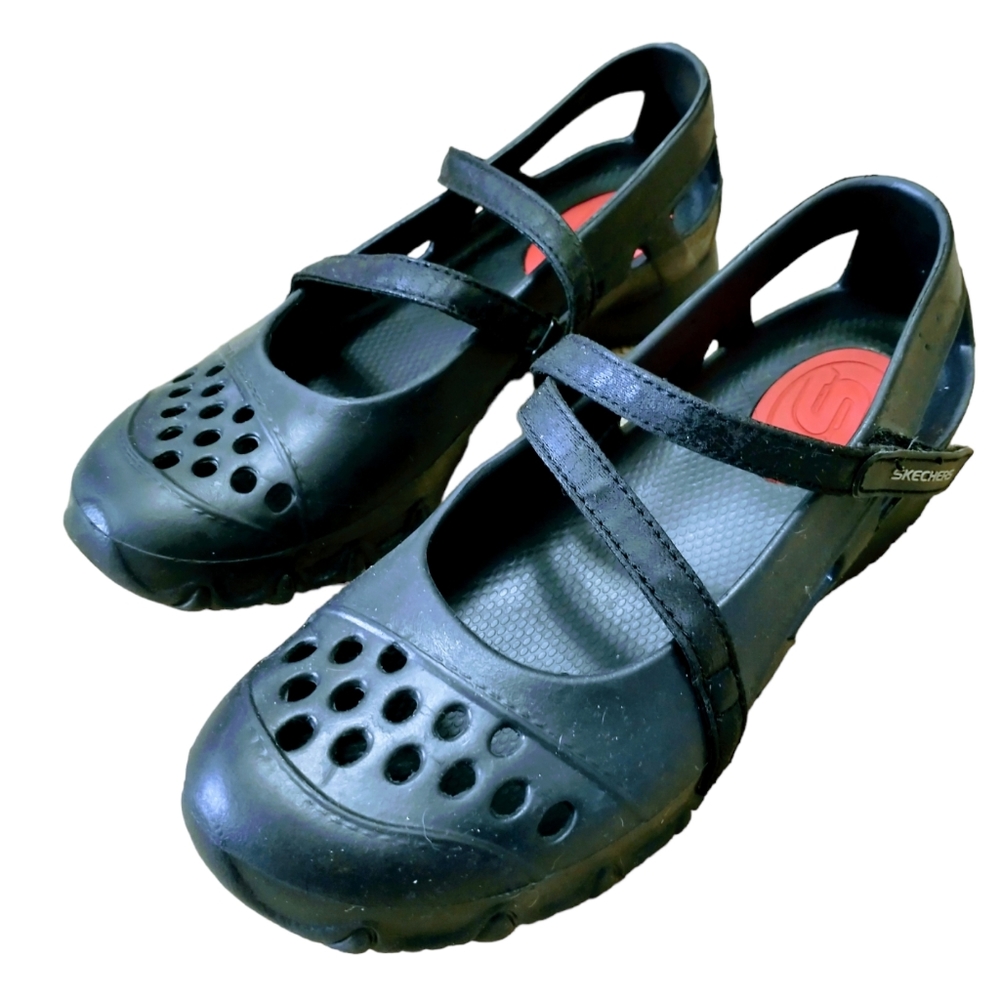 Skechers Black Cross-Strap Mary Jane Sandal with Red Insole